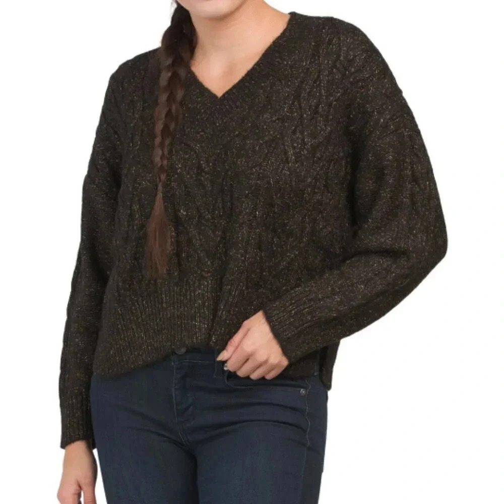 Band of The Free Lurex Oversized V-neck Cable Knit Sweater Size XS - Black - NWT